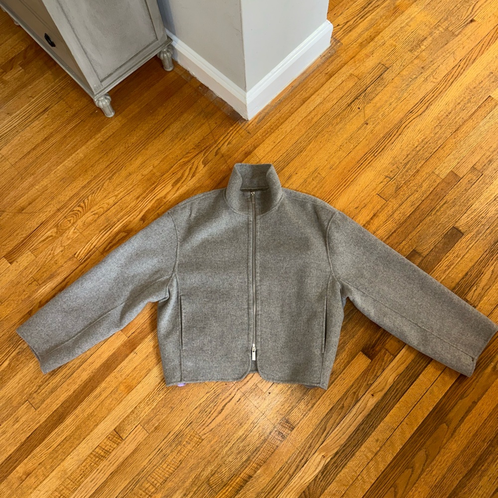 Massimo Dutti Taupe Zip-Front Cropped Turtleneck Sweater